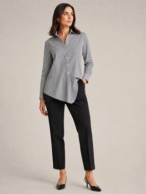 DKNY Blue & White Striped Asymmetrical Button-Down Shirt Gray White Large